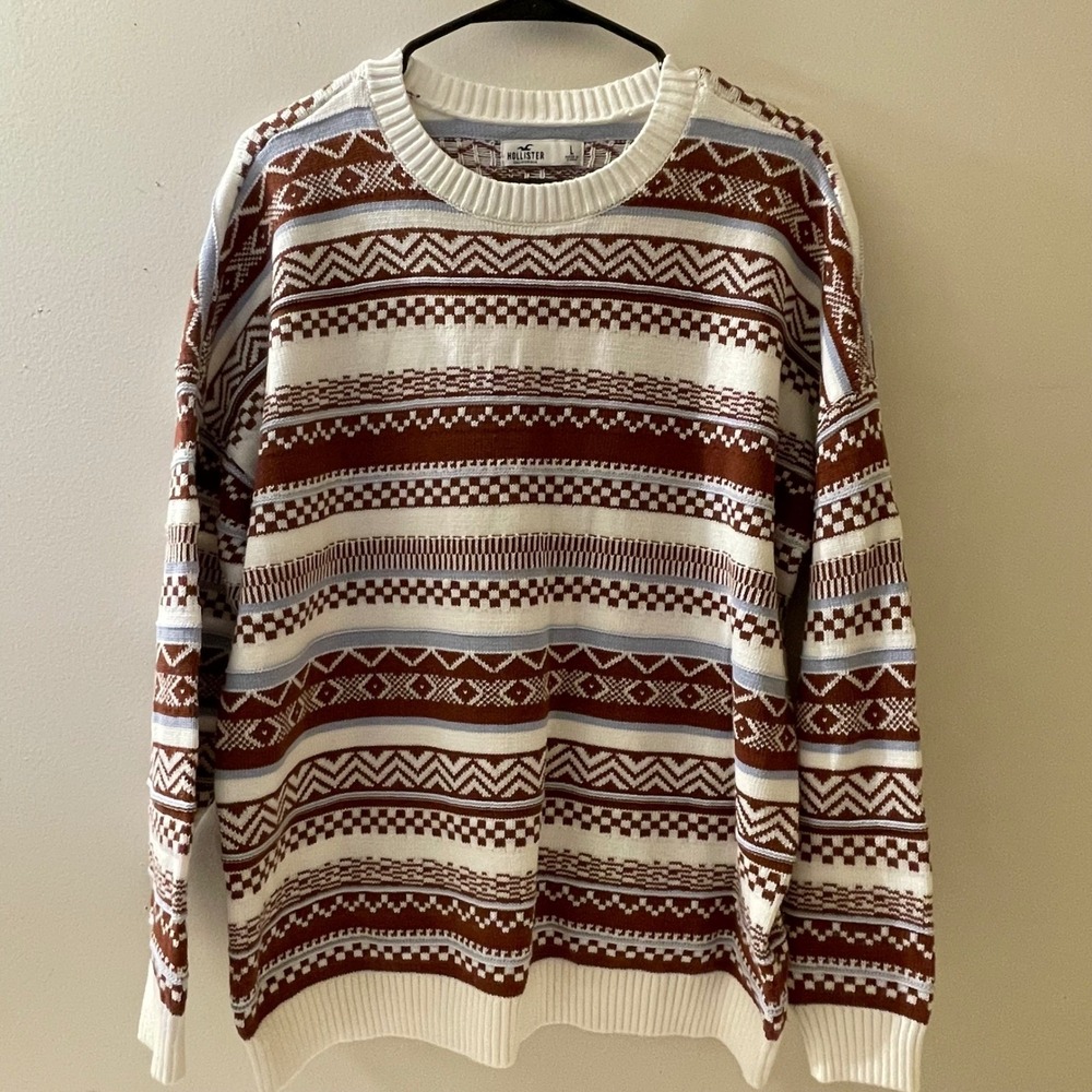 Hollister California Sweater Mens Large‎ Brown White Patterned Crew Neck